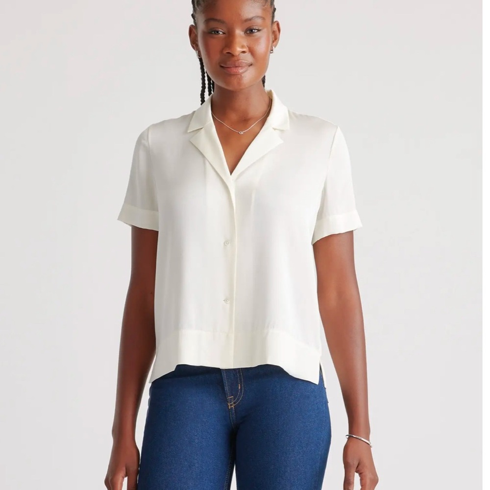 Quince Washable Stretch Silk Short Sleeve Notch Collar Blouse Small